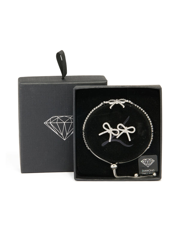 Silver Diamante Bow Toggle Bracelet & Earrings Set