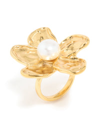 Waterproof Gold Plated Stainless Steel Large Flower Pearl Ring - link has visual effect only