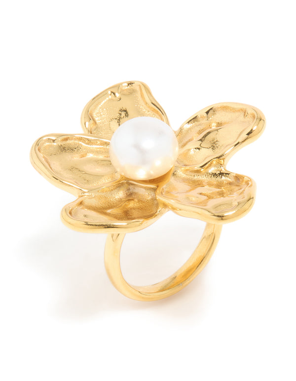 Waterproof Gold Plated Stainless Steel Large Flower Pearl Ring