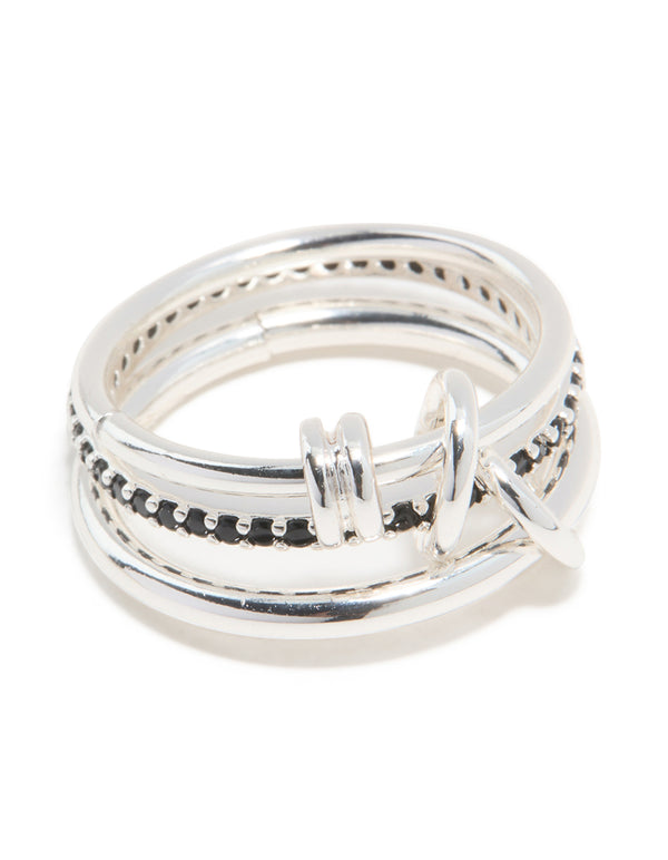 Silver Plated Black Cubic Zirconia Stacked Rondell Ring