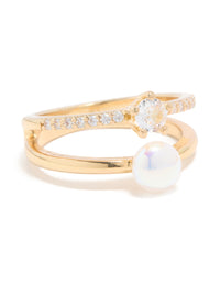 Gold Plated Cubic Zirconia & Pearl Open Stacked Ring - link has visual effect only