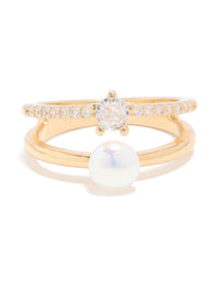 Gold Plated Cubic Zirconia & Pearl Open Stacked Ring - link has visual effect only