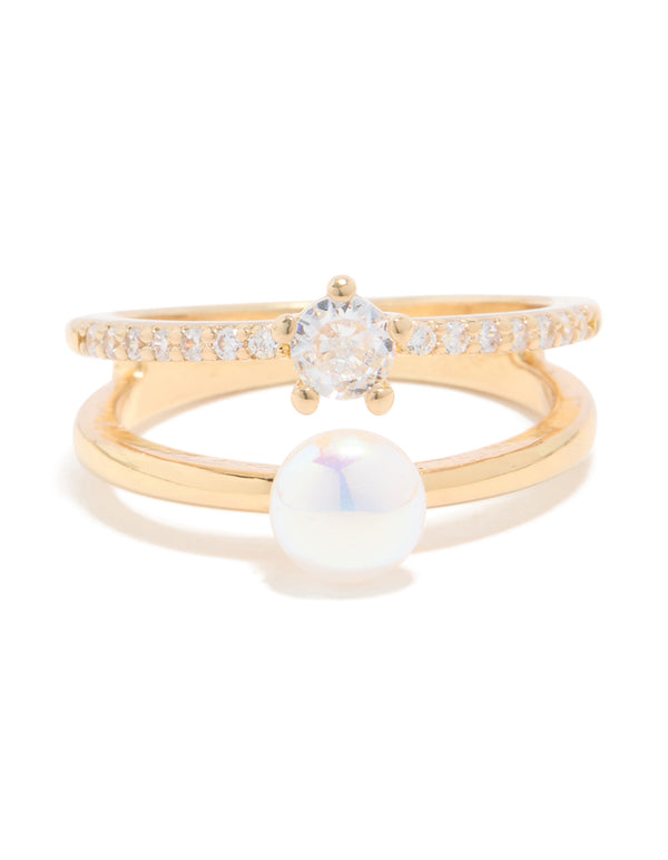 Gold Plated Cubic Zirconia & Pearl Open Stacked Ring