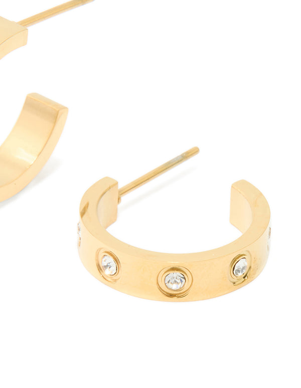Waterproof Gold Plated Stainless Steel Cubic Zirconia Square Hoop Earrings