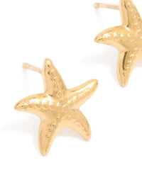 Waterproof Gold Plated Stainless Steel Textured Starfish Stud Earrings - link has visual effect only