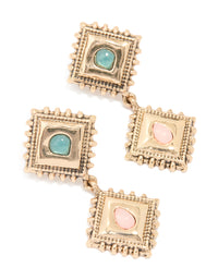 Antique Gold Pink & Blue Stone Square Layered Drop Earrings - link has visual effect only