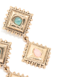 Antique Gold Pink & Blue Stone Square Layered Drop Earrings - link has visual effect only