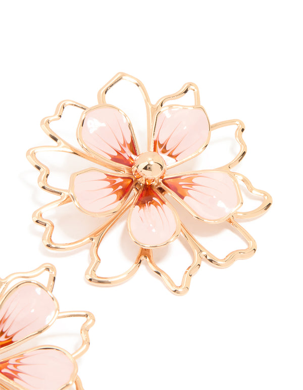 Gold Pink Enamel Flower Stud Earrings