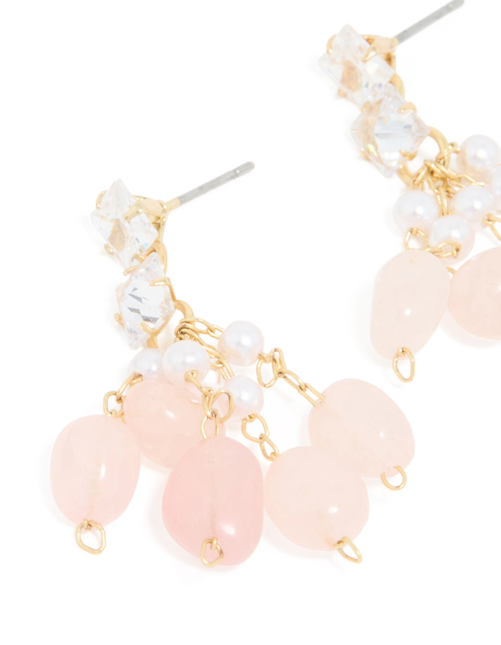 Gold Plated Rose Quartz Chip Cubic Zirconia Drop Earrings