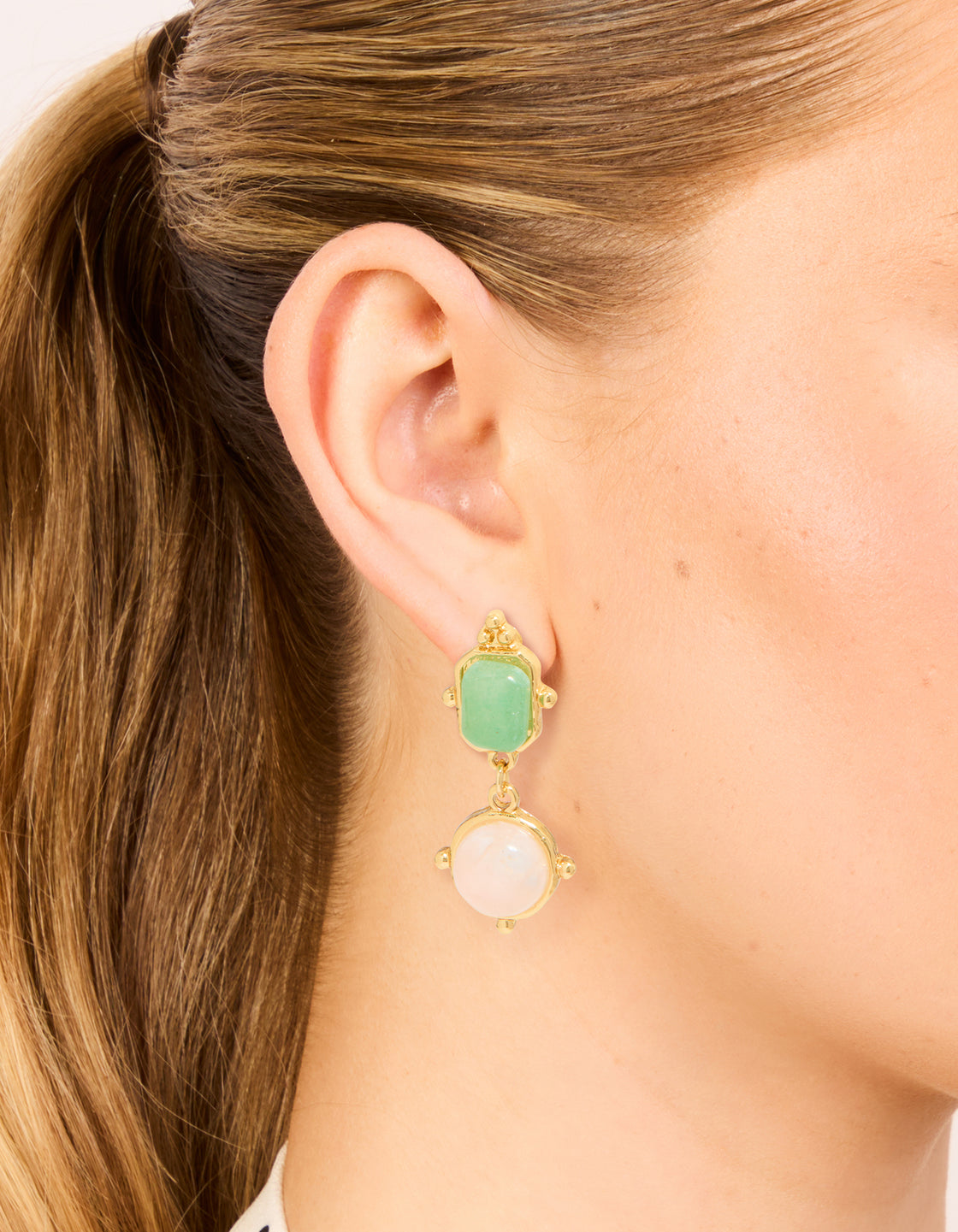 Gold Plated Rose Quartz & Green Semi Precious Stone Detail Outline Drop Earrings