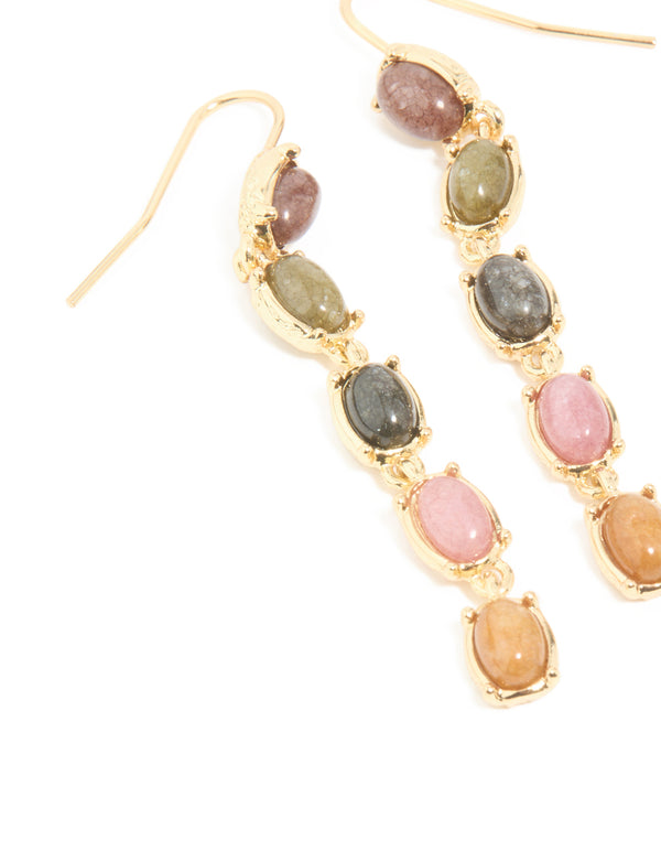 Gold Plated Oval Multicoloured Semi Precious Stone Hook Earrings