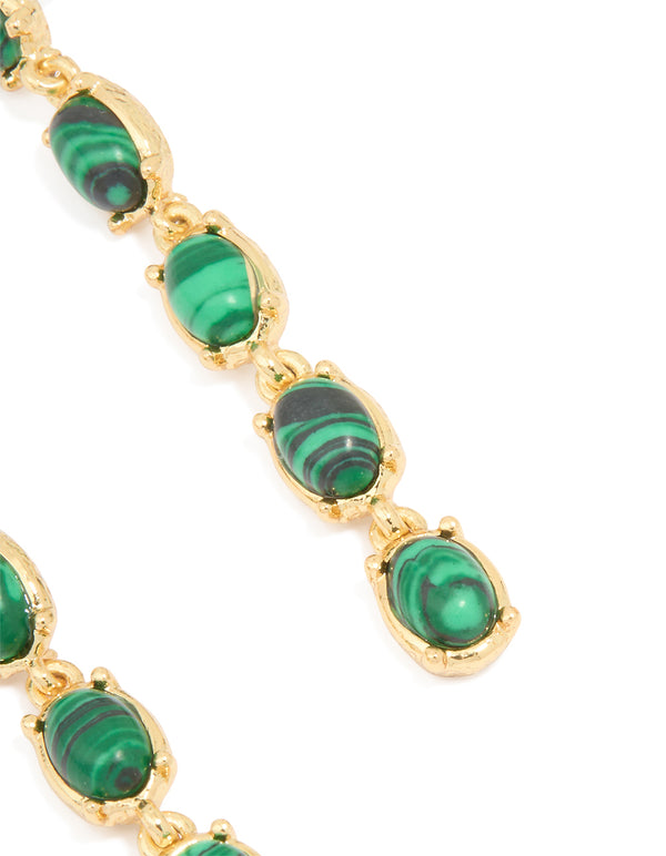 Gold Plated Emerald Semi Precious Stone Oval Drop Earrings