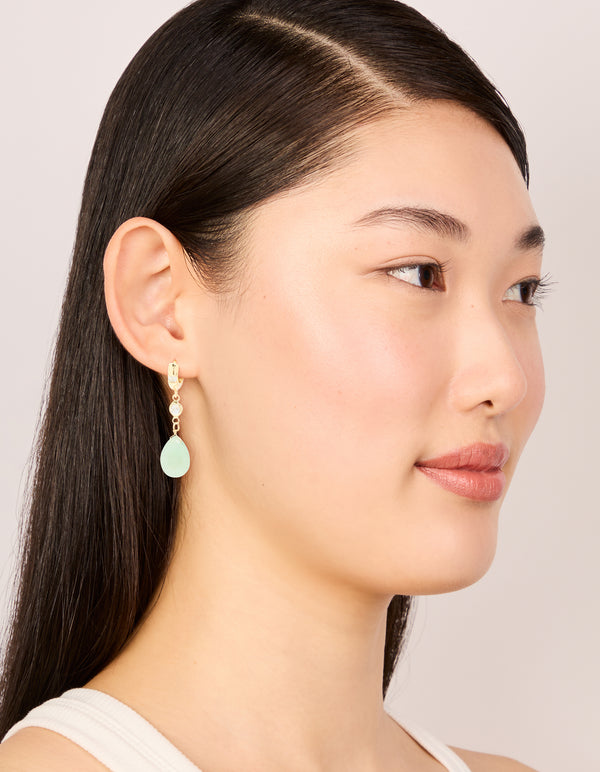 Gold Plated Green Semi Precious Stone Cubic Zirconia Teardrop Earrings