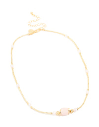 Gold Plated Rose Quartz & Bead Necklace - link has visual effect only