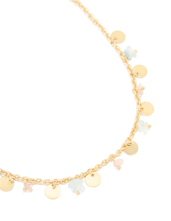 Gold Plated Multicoloured Semi Precious Stone Disc & Droplet Necklace