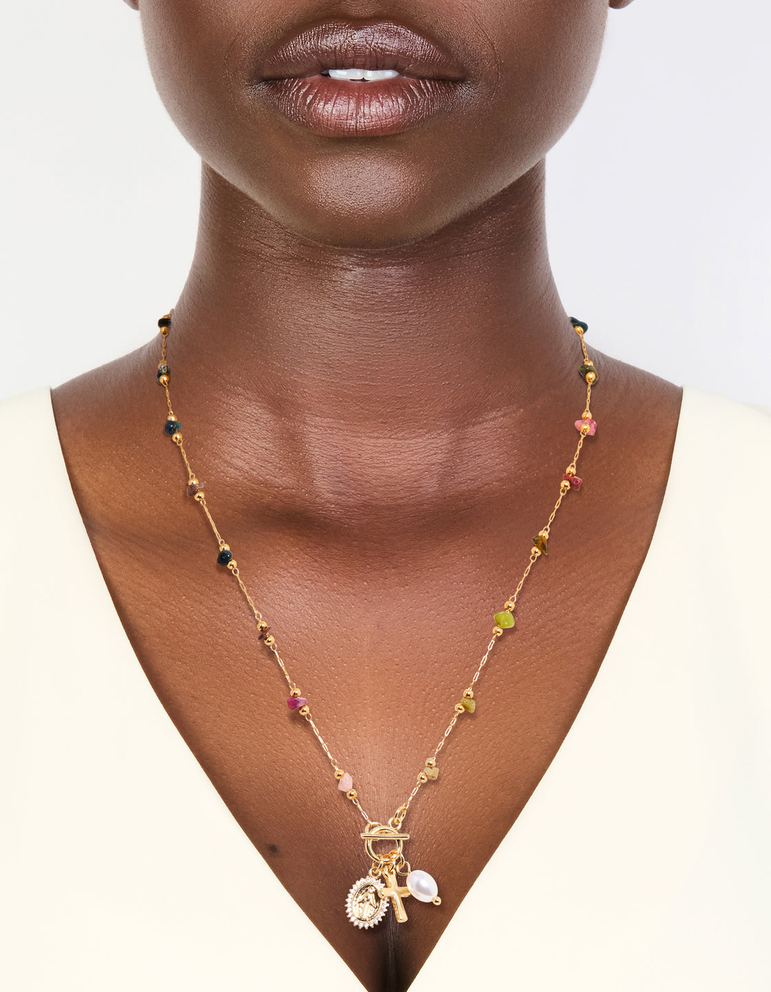 Gold Plated Multicoloured Semi Precious Stone Freshwater Pearl Cross Charm Necklace