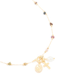 Gold Plated Multicoloured Semi Precious Stone Freshwater Pearl Cross Charm Necklace - link has visual effect only