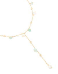 Gold Plated Freshwater Pearl & Green Semi Precious Stone Chip Y-Necklace - link has visual effect only