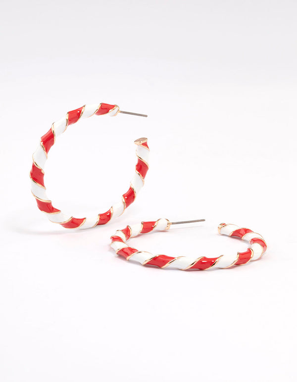 Red & White Enamel Candy Cane Hoop Earrings