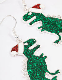 Silver Green Dinosaur With Santa Hat Drop Earrings - link has visual effect only
