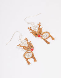 Silver Brown Glitter Red Nosed Reindeer Drop Earrings - link has visual effect only