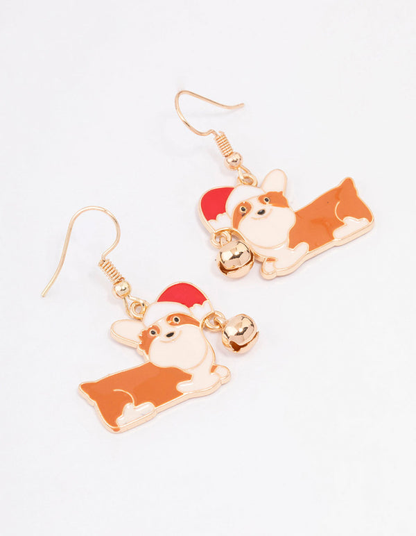 Gold Corgi With A Santa Hat Drop Earrings