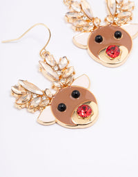 Gold Diamante Red Nosed Reindeer Drop Earrings - link has visual effect only