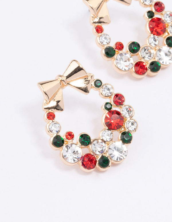 Gold Multicoloured Diamante Wreath With Gold Bow Stud Earrings