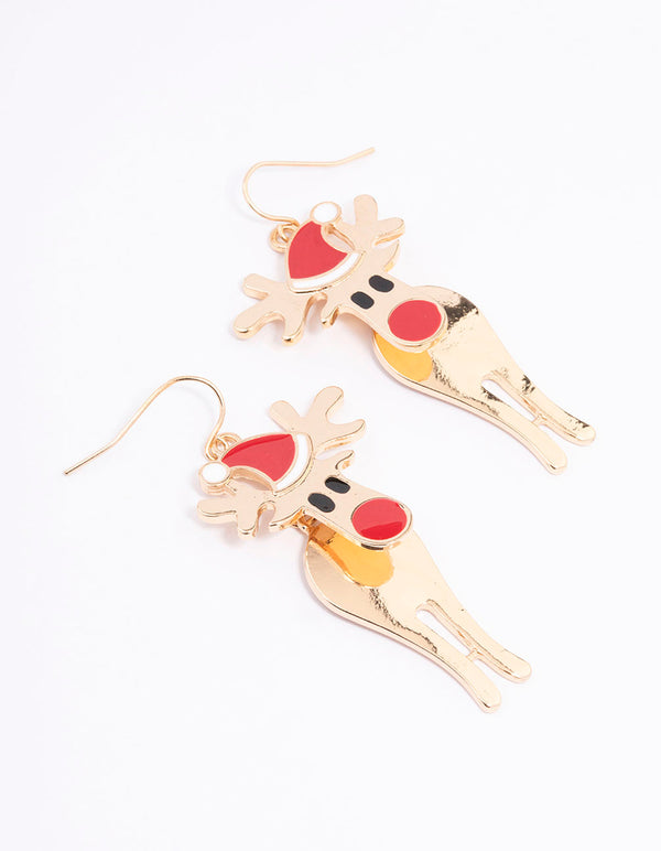 Gold Red Nosed Reindeer Drop Earrings