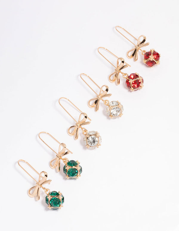Gold Bow & Multicoloured Diamante Drop Earrings 3-Pack
