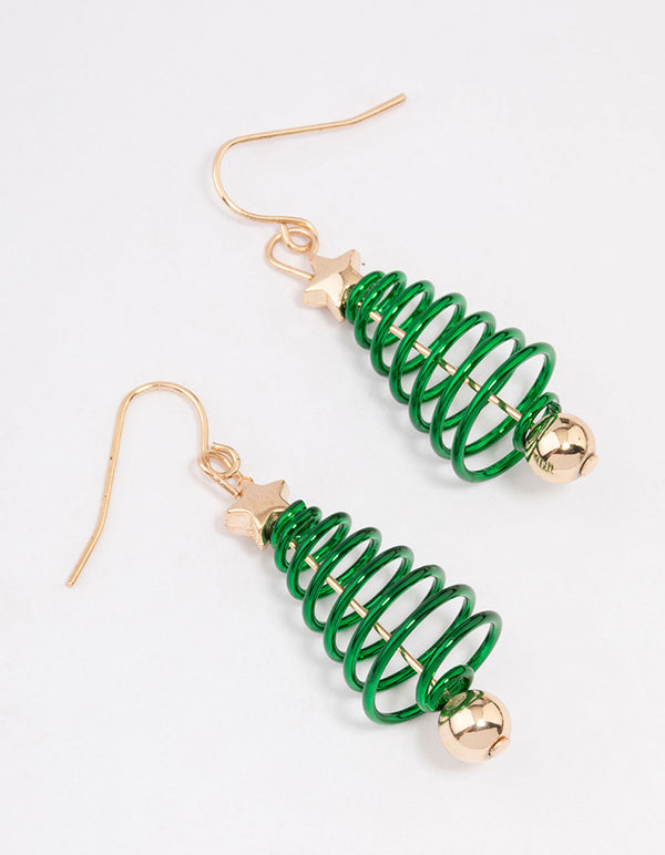 Gold Green Spiral Festive Tree Drop Earrings