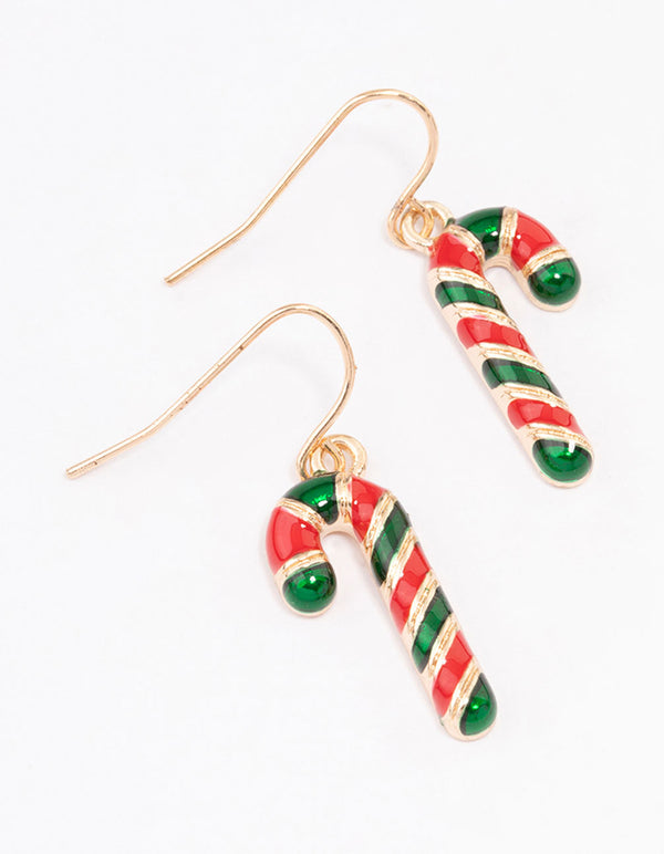 Gold Green & Red Enamel Candy Cane Earrings