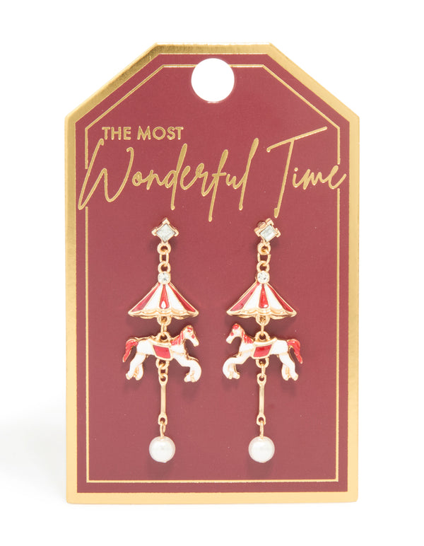 Gold Pearl Carousel Horse Drop Earrings