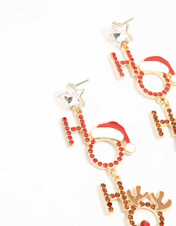 Gold Diamante Ho Ho Ho Large Earrings