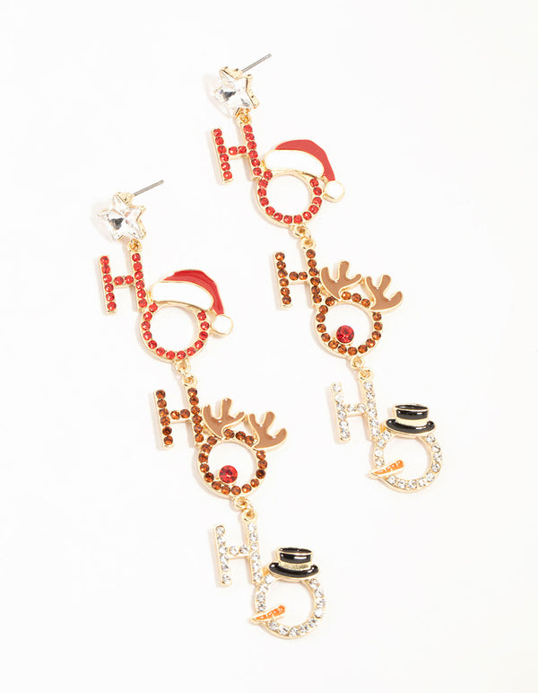 Gold Diamante Ho Ho Ho Large Earrings