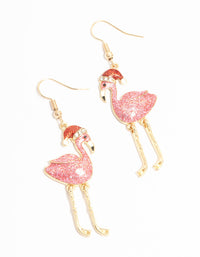 Gold Pink Glittery Enamel Flamingo With Santa Hat Earrings - link has visual effect only