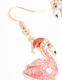 Gold Pink Glittery Enamel Flamingo With Santa Hat Earrings - link has visual effect only