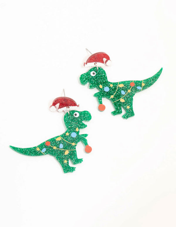 Green Acrylic Dinosaur With Santa Hat Drop Earrings