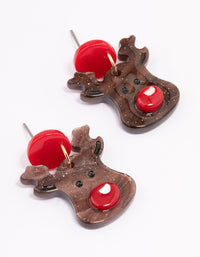Brown Acrylic Red Nosed Reindeer Head Drop Earrings - link has visual effect only