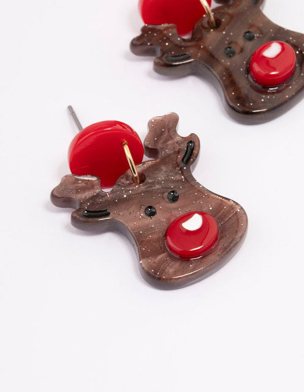 Brown Acrylic Red Nosed Reindeer Head Drop Earrings