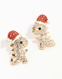 Gold Diamante Dinosaur With A Santa Hat Stud Earrings - link has visual effect only