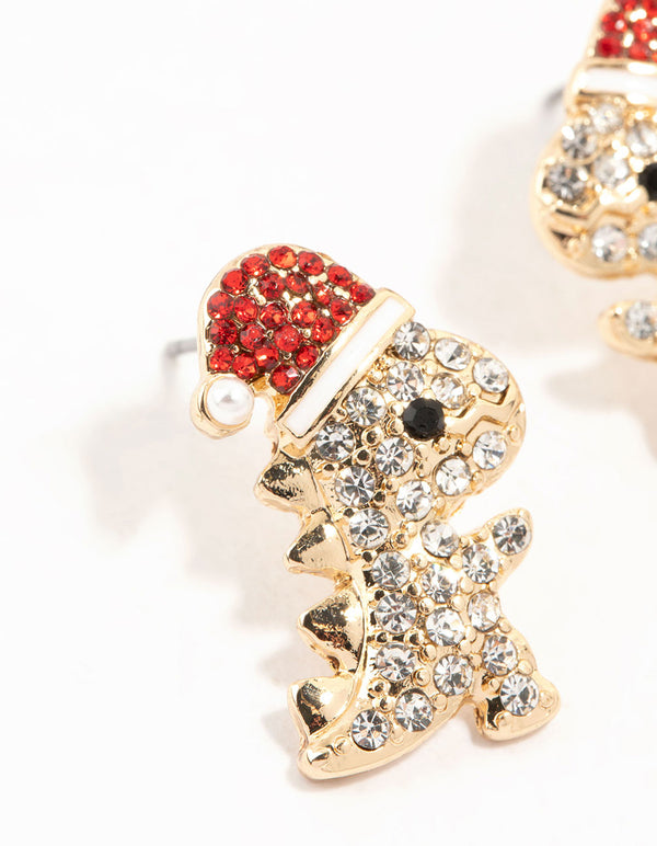Gold Diamante Dinosaur With A Santa Hat Stud Earrings