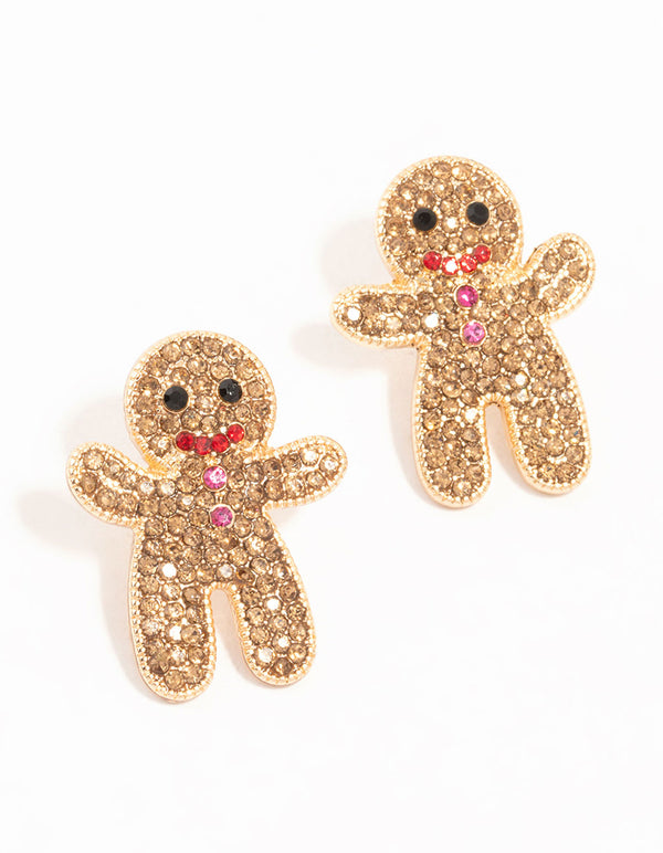 Gold Diamante Gingerbread Men Earrings