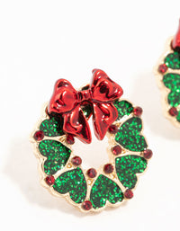 Gold Green Wreath With Red Bow Stud Earrings - link has visual effect only