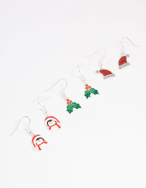Silver Glitter Holly & Santa Hat Earrings 3-Pack