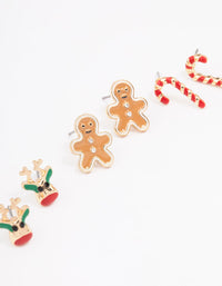 Gold Reindeer & Gingerbread Man Earrings 3-Pack - link has visual effect only