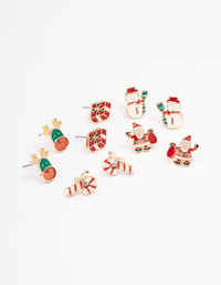 Gold Enamel Candy Cane & Green Red Reindeer Stud 5-Pack - link has visual effect only