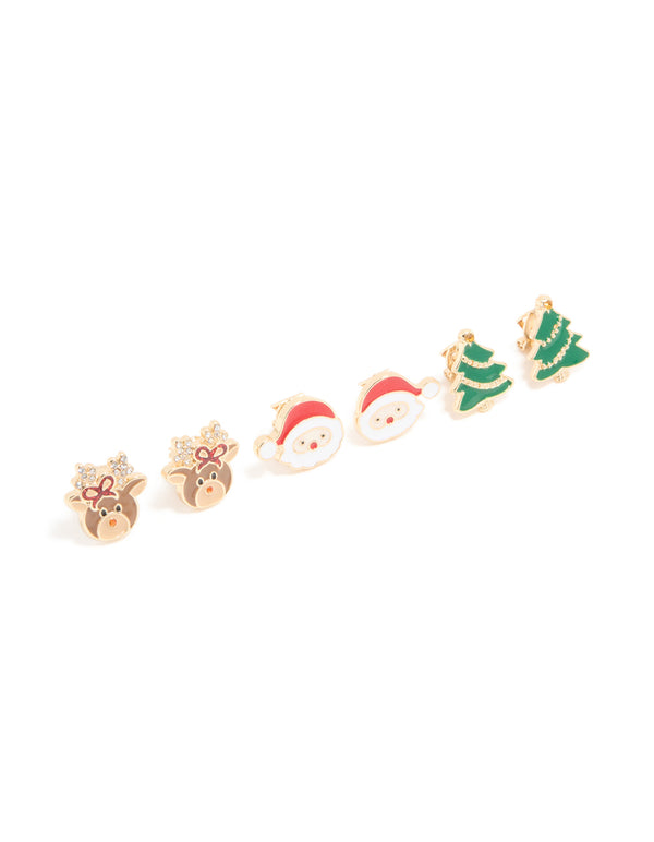 Santa Reindeer & Festive Tree Clip On Earrings 3-Pack
