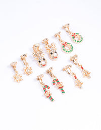 Gold Diamante Reindeer & Snowflake Clip-On Earrings 5-Pack - link has visual effect only