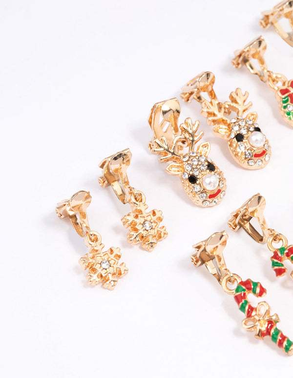 Gold Diamante Reindeer & Snowflake Clip-On Earrings 5-Pack